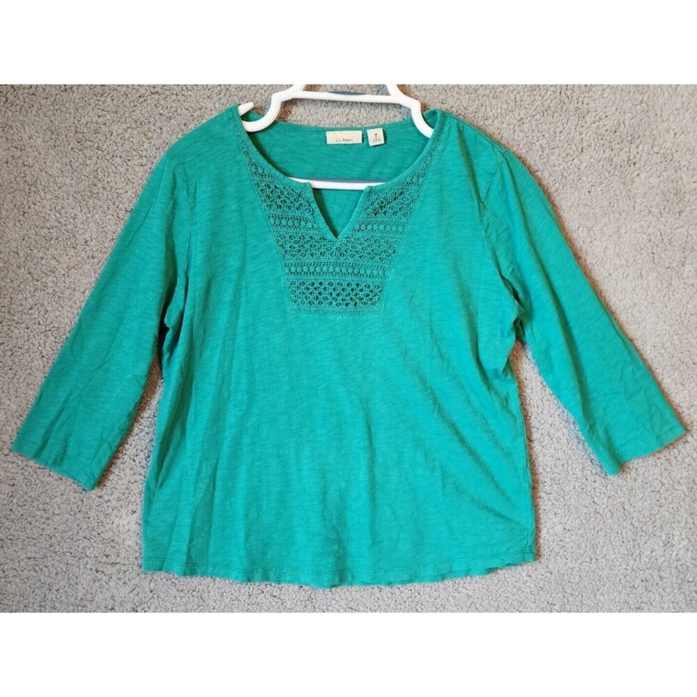 LL Bean Women's 3/4 Sleeve Crochet V Neck Top Cotton Green Petite Size PM